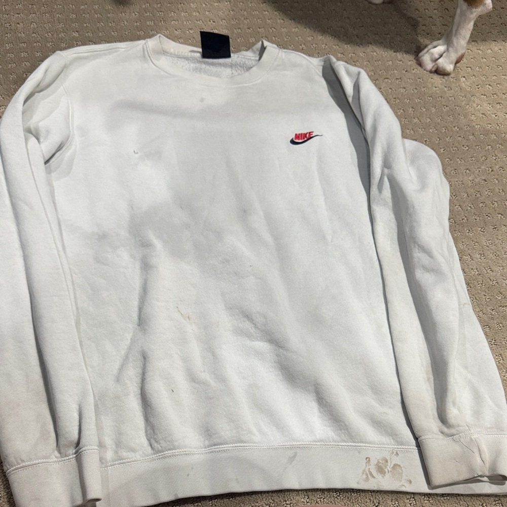 Nike Men's White Crewneck Sweater with Red Logo